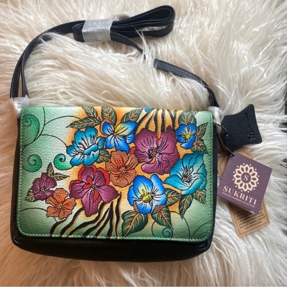 New.. Floral  Sukriti Leather Crossbody Bag - Multicolor